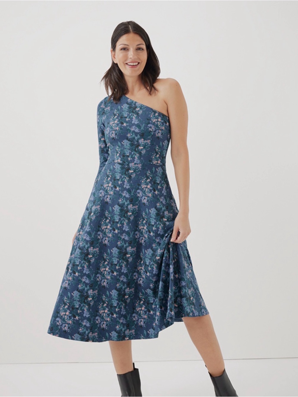 Pact Blue Floral One-shoulder Midi Dress Fit Flare Women's L
